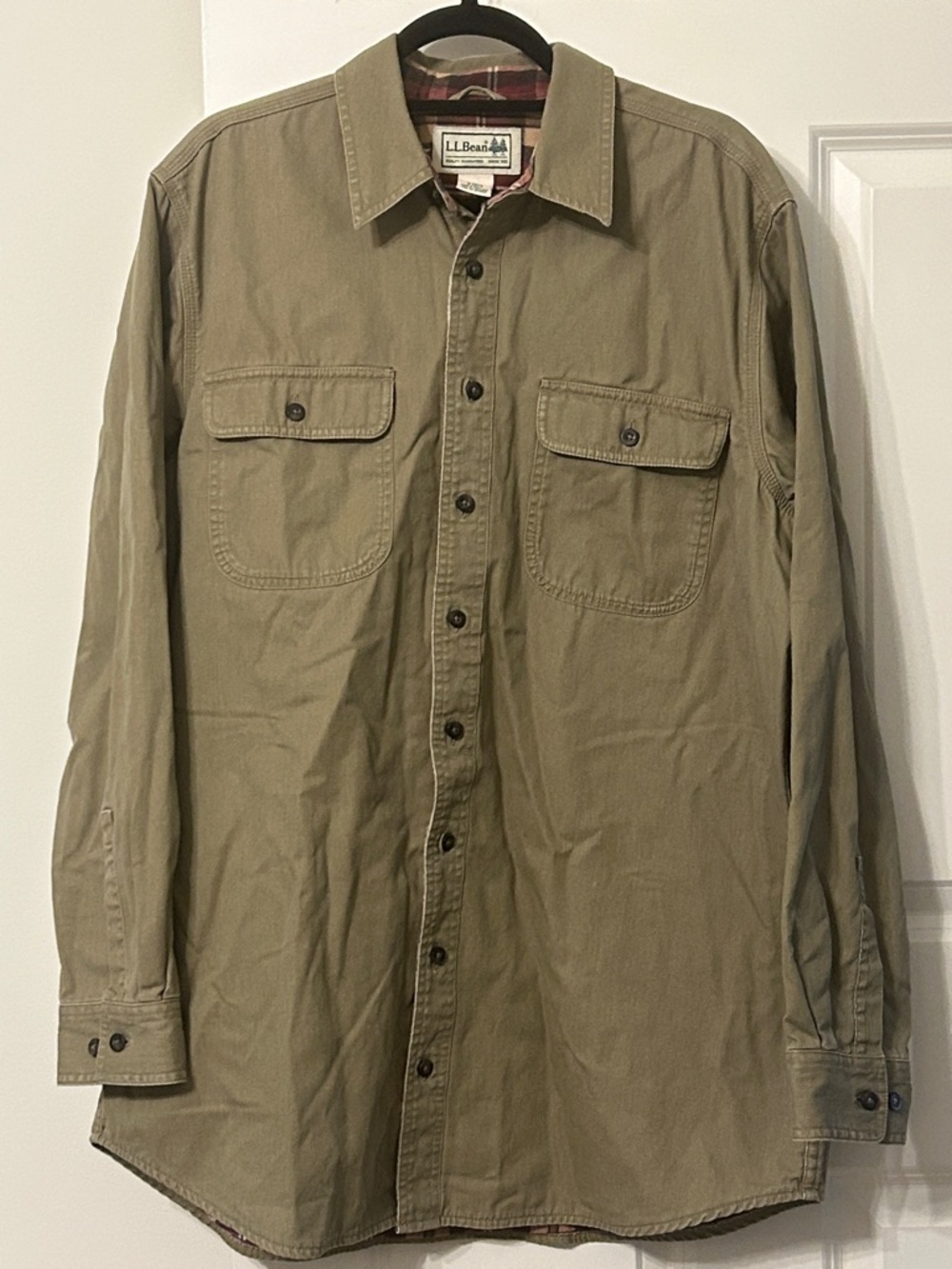 L.L. Bean Flannel Lined Olive-Tan Button Front Hurricane Utility Shirt